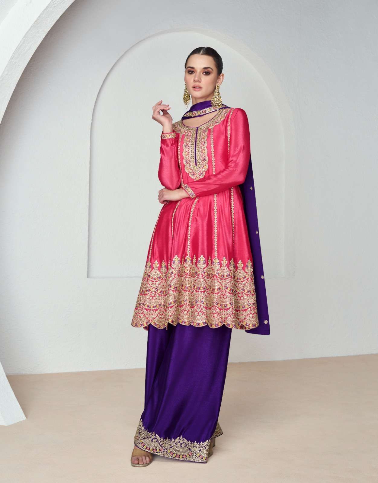 INDIAN DESIGNER FANCY WEDDING PARTY WEAR PREMIUM CHINON SILK DEEP PINK SHARARA PALLAZO SALWAR SUIT AF NOURA 9931