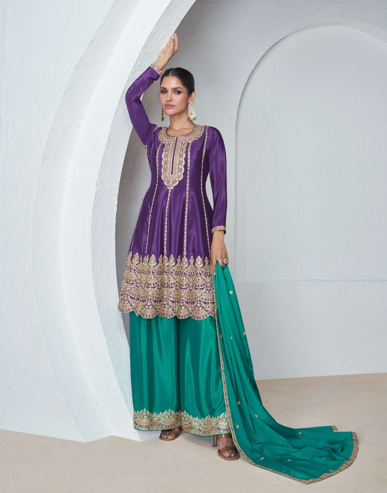 INDIAN DESIGNER FANCY WEDDING PARTY WEAR PREMIUM CHINON SILK PURPLR SHARARA PALLAZO SALWAR SUIT AF NOURA 9932