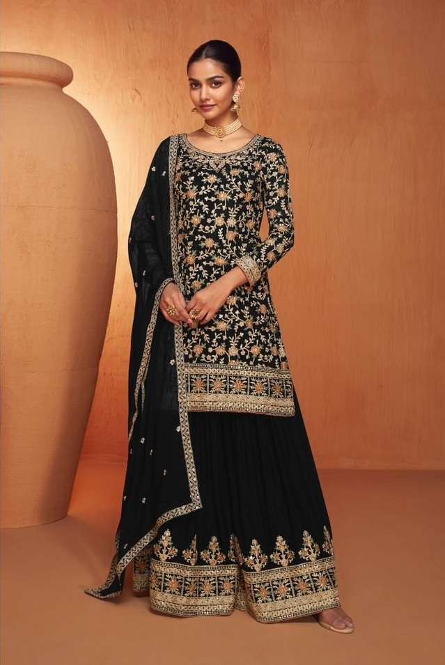 INDIAN DESIGNER FANCY WEDDING PARTY WEAR PREMIUM CHINON SILK BLACK SHARARA PALLAZO SALWAR SUIT GL JHANVI 7452A