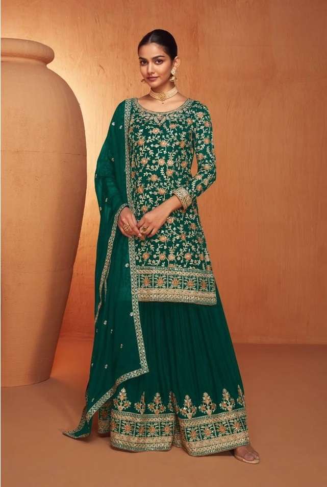 INDIAN DESIGNER FANCY WEDDING PARTY WEAR PREMIUM CHINON SILK GREEN SHARARA PALLAZO SALWAR SUIT GL JHANVI 7452C