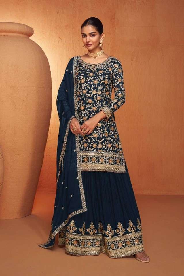 INDIAN DESIGNER FANCY WEDDING PARTY WEAR PREMIUM CHINON SILK BLUE SHARARA PALLAZO SALWAR SUIT GL JHANVI 7452D