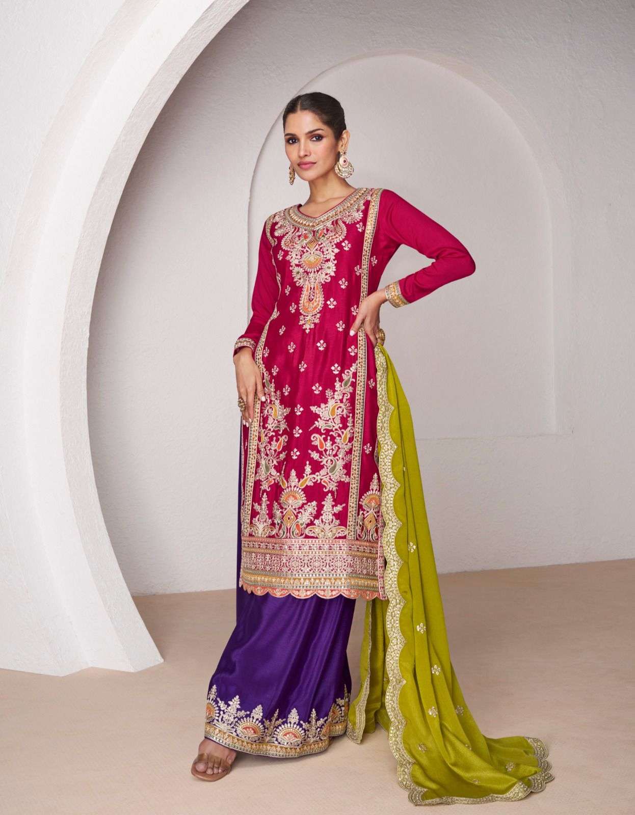 INDIAN DESIGNER FANCY WEDDING PARTY WEAR PREMIUM CHINON SILK PINK SHARARA PALLAZO SALWAR SUIT AF MINALI 9984