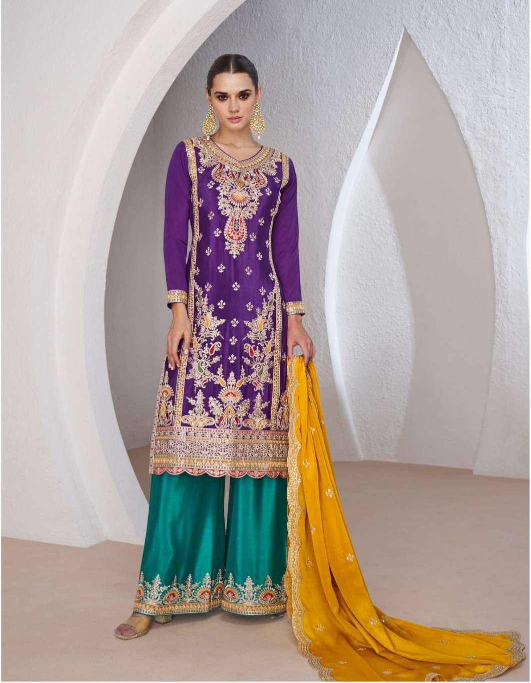 INDIAN DESIGNER FANCY WEDDING PARTY WEAR PREMIUM CHINON SILK PURPLE SHARARA PALLAZO SALWAR SUIT AF MINALI 9985