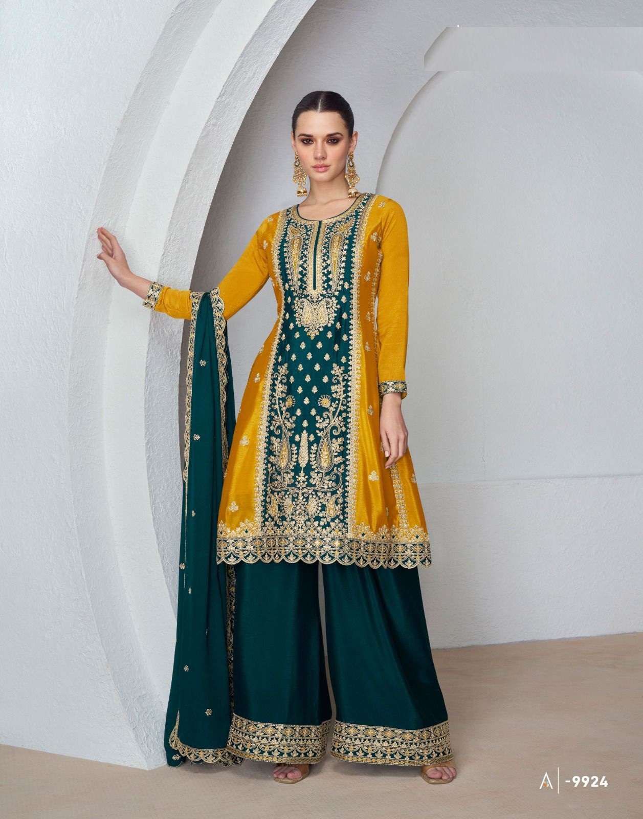 INDIAN DESIGNER FANCY WEDDING PARTY WEAR PREMIUM CHINON SILK YELLOW GREEN SHARARA PALLAZO SALWAR SUIT AF SHANAYA 9924