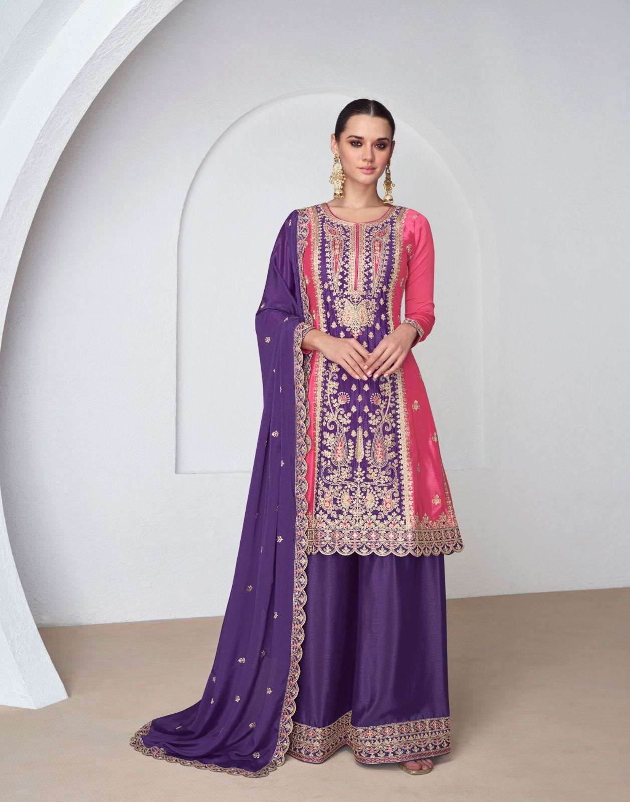 INDIAN DESIGNER FANCY WEDDING PARTY WEAR PREMIUM CHINON SILK PURPLE PINK SHARARA PALLAZO SALWAR SUIT AF SHANAYA 9925