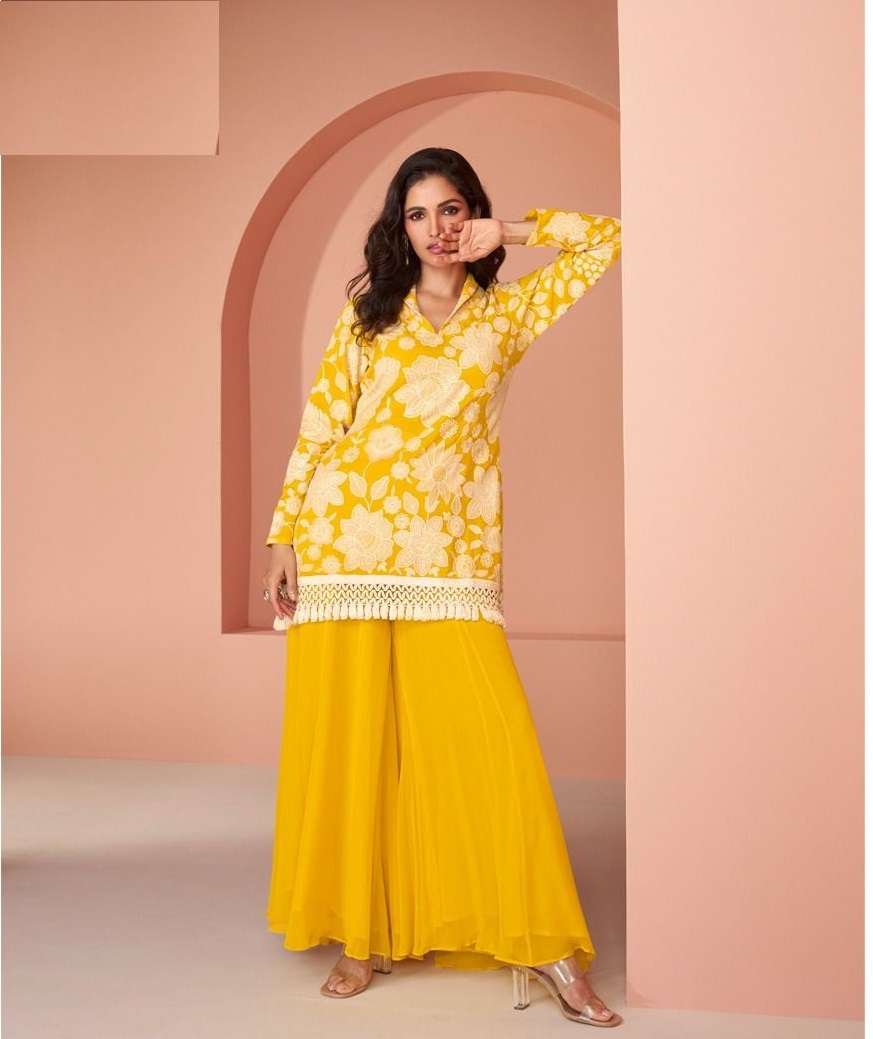 INDIAN DESIGNER FANCY WEDDING PARTY WEAR PREMIUM GEORGETTE YELLOW SHARARA PALLAZO SALWAR SUIT CO ORD SET SY INAYAA 5475