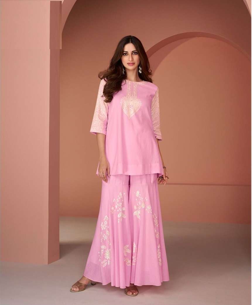 INDIAN DESIGNER FANCY WEDDING PARTY WEAR PREMIUM GEORGETTE PINK SHARARA PALLAZO SALWAR SUIT CO ORD SET SY INAYAA 5476