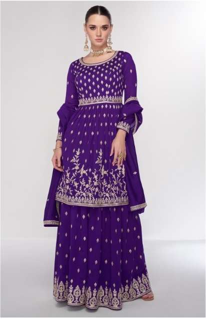 INDIAN DESIGNER FANCY WEDDING PARTY WEAR PREMIUM SILK PURPLE SHARARA PALLAZO SALWAR SUIT AF SAHIRA 9989