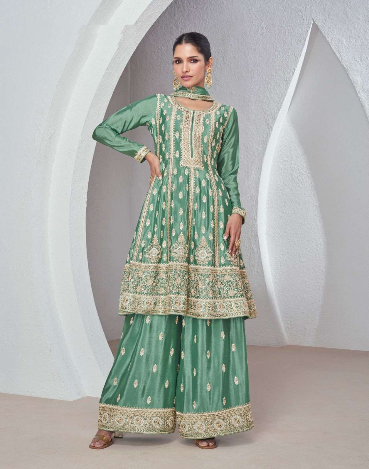 INDIAN DESIGNER FANCY WEDDING PARTY WEAR REAL CHINON SILK GREEN SHARARA PALLAZO SALWAR SUIT AF SAJDA 9960