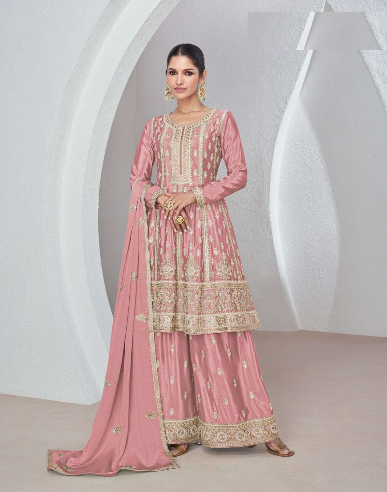 INDIAN DESIGNER FANCY WEDDING PARTY WEAR REAL CHINON SILK PEACE SHARARA PALLAZO SALWAR SUIT AF SAJDA 9961