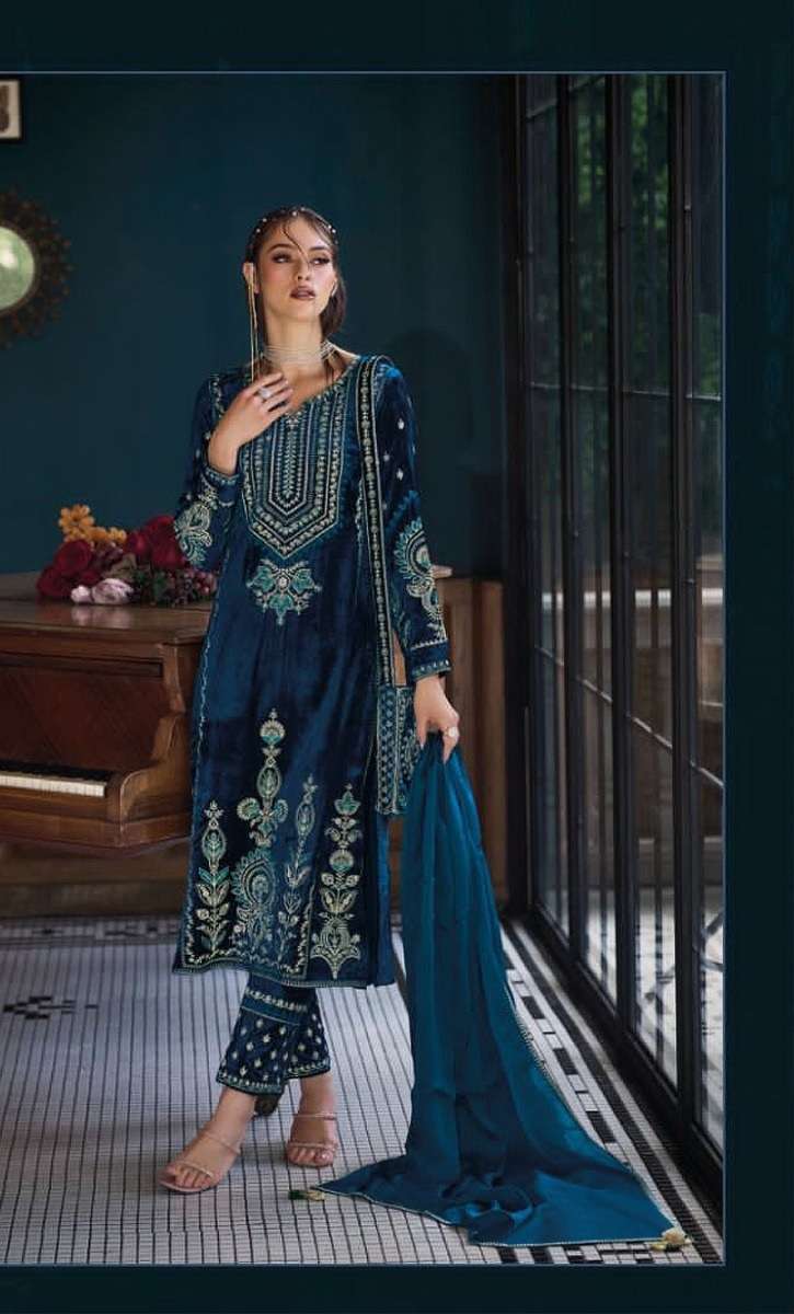 INDIAN PAKISTANI DESIGNER FANCY WEDDING PARTY WEAR PREMIUM BLUE VELVET STRAIGHT SALWAR SUIT CPR 10436