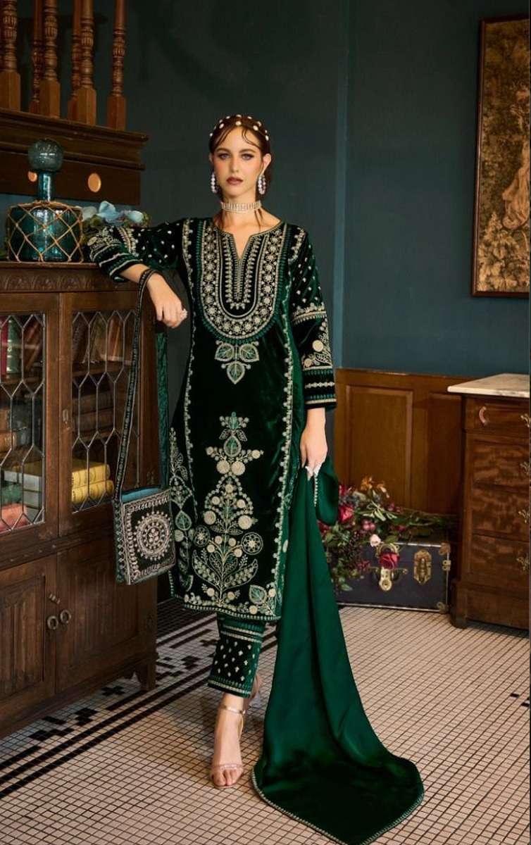 INDIAN PAKISTANI DESIGNER FANCY WEDDING PARTY WEAR PREMIUM GREEN VELVET STRAIGHT SALWAR SUIT CPR 10439