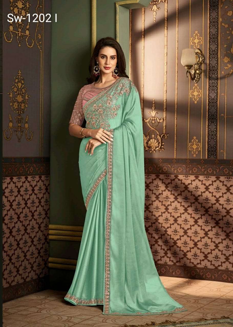 LATEST DESIGNER FANCY WEDDING PARTY WEAR GREEN SARTIN SILK INDIAN SAREE WITH SM TFH 1202