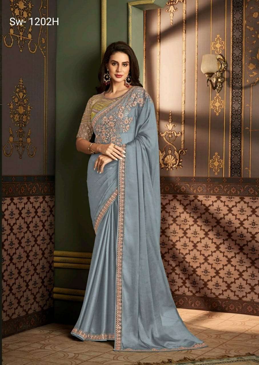 LATEST DESIGNER FANCY WEDDING PARTY WEAR GREY SARTIN SILK INDIAN SAREE WITH SM TFH 1202H