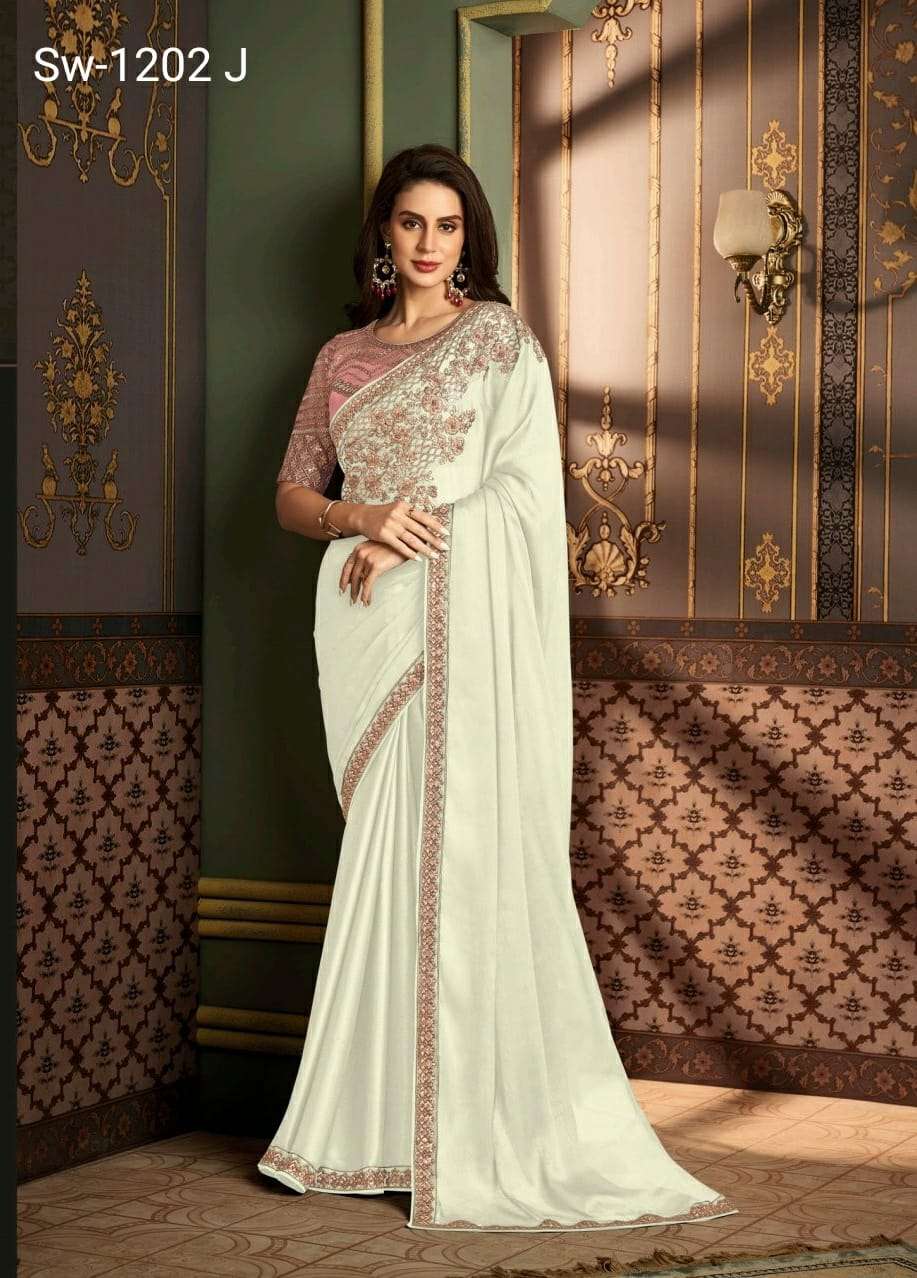 LATEST DESIGNER FANCY WEDDING PARTY WEAR OFF WHITE SARTIN SILK INDIAN SAREE WITH SM TFH 1202