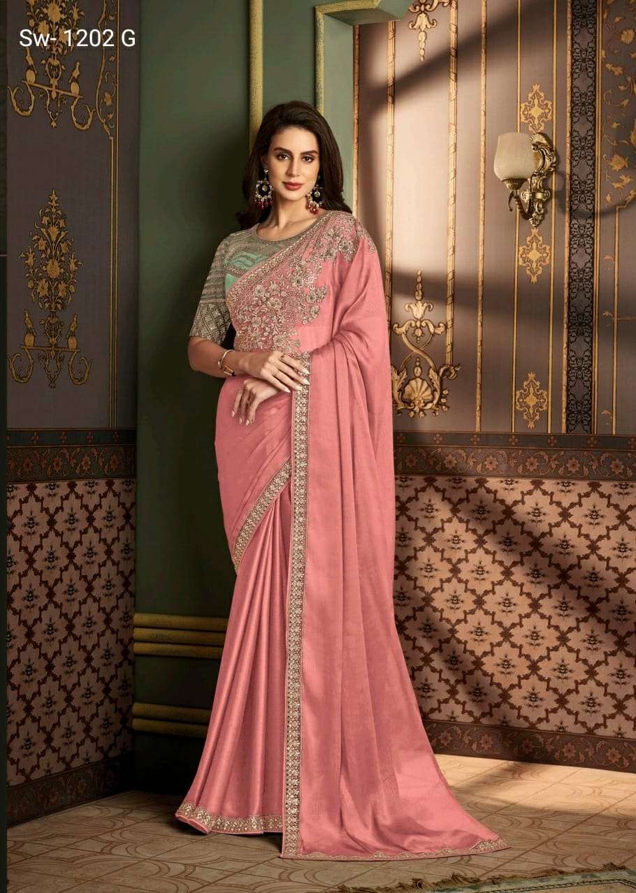 LATEST DESIGNER FANCY WEDDING PARTY WEAR PINK SARTIN SILK INDIAN SAREE WITH SM TFH 1202G