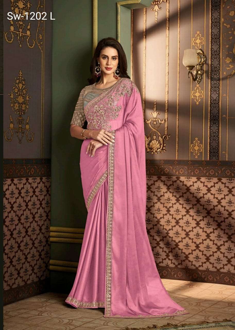 LATEST DESIGNER FANCY WEDDING PARTY WEAR PINK SARTIN SILK INDIAN SAREE WITH SM TFH 1202L