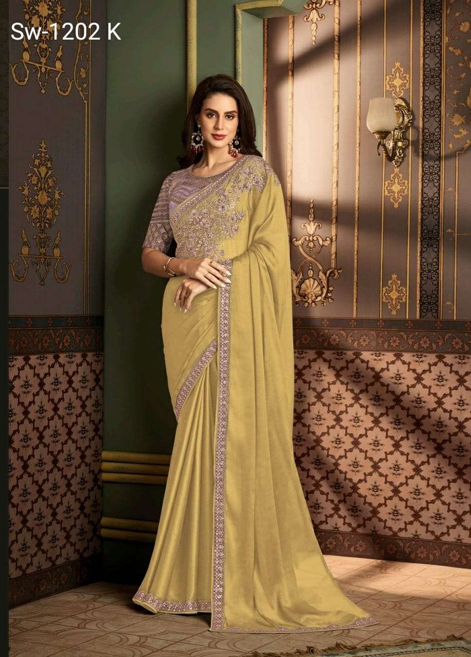 LATEST DESIGNER FANCY WEDDING PARTY WEAR YELLOW SARTIN SILK INDIAN SAREE WITH SM TFH 1202K