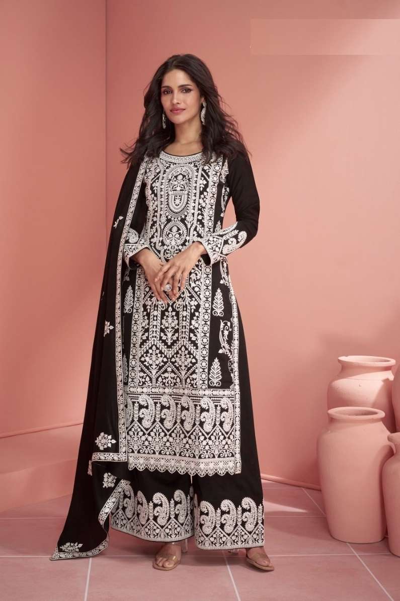 DESIGNER FANCY PARTY WEAR FAUX GEORGETTE BLACK SHARARA PALAZZO SALWAR SUIT CPR 9903 A