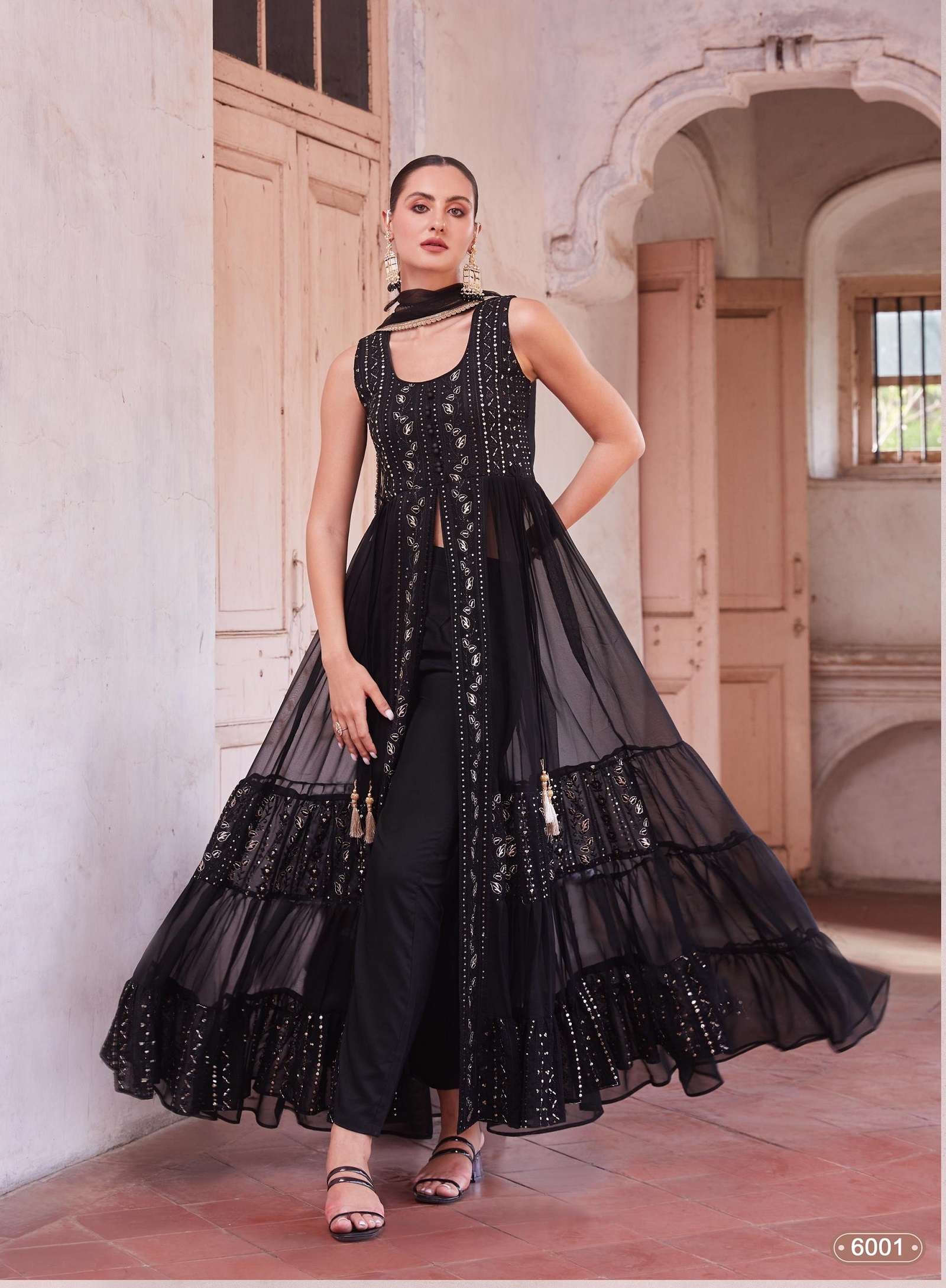 DESIGNER FANCY WEDDING PARTY READY TO WEAR BLACK GEORGETTE ANARKALI SALWAR SUIT GOWN ALZ GULBAHAR 6001