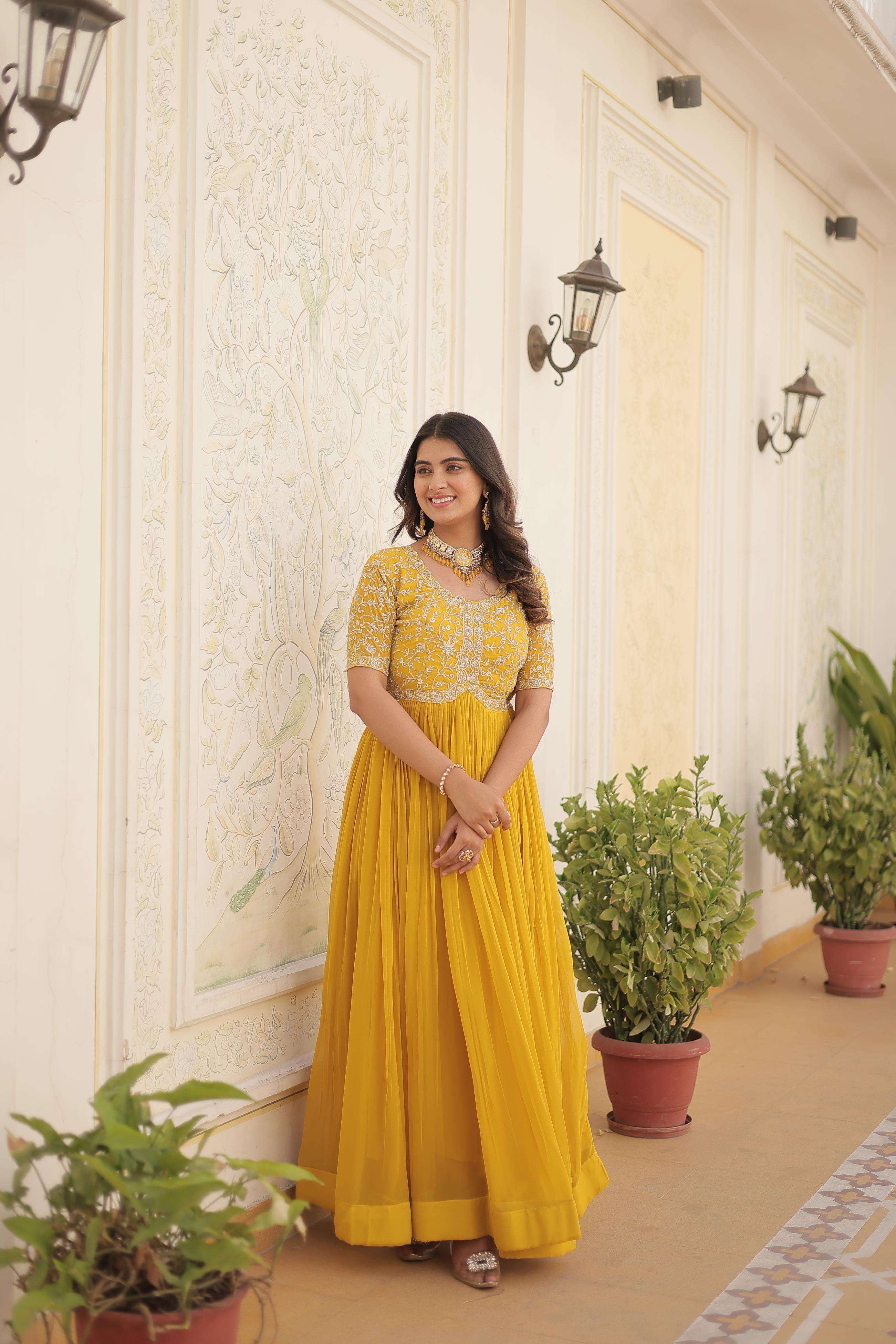 DESIGNER FANCY WEDDING PARTY READY TO WEAR BLOOIMG GEORGETTE YELLOW ANARKALI SALWAR SUIT GOWN DST 2