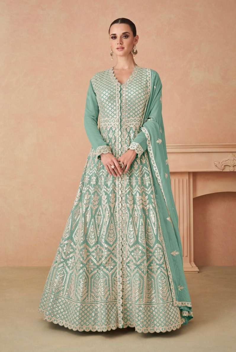 DESIGNER FANCY WEDDING PARTY READY TO WEAR GEORGETTE SILK GREEN ANARKALI SALWAR SUIT GOWN GL RIMSHA 7444 A