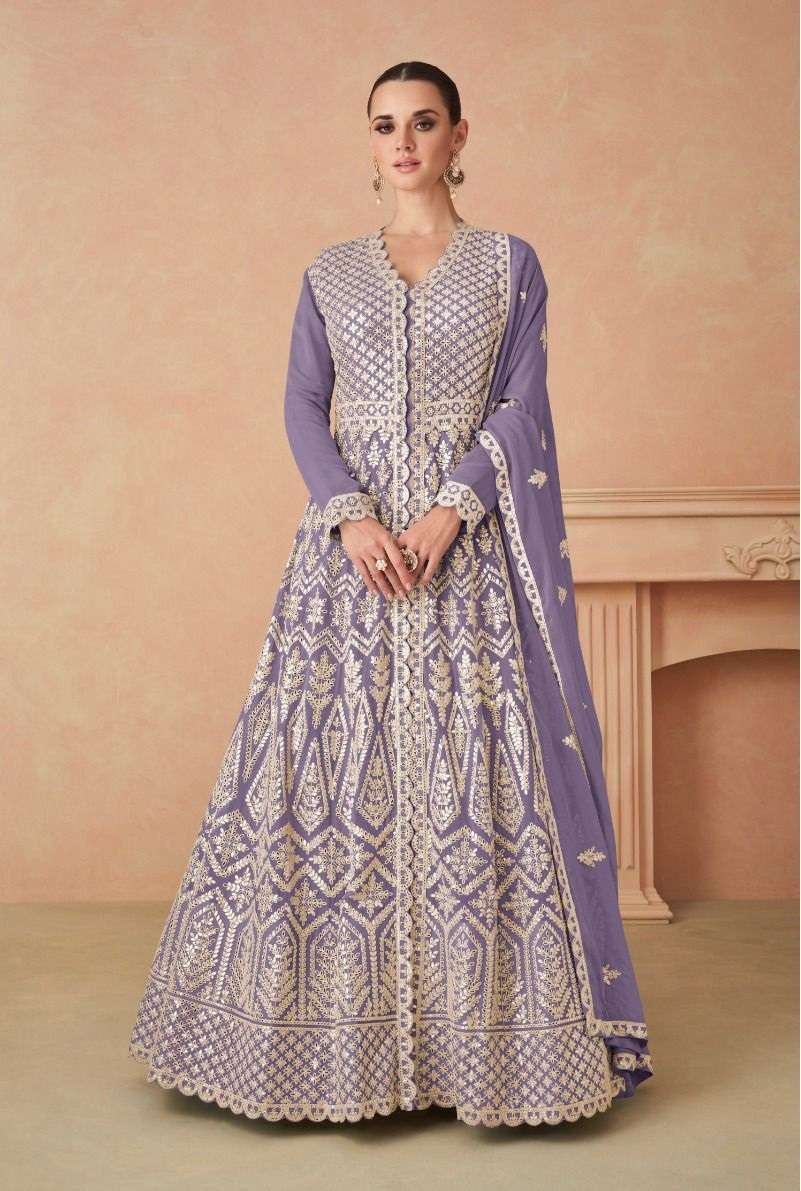 DESIGNER FANCY WEDDING PARTY READY TO WEAR GEORGETTE SILK PURPLE ANARKALI SALWAR SUIT GOWN GL RIMSHA 7444 D