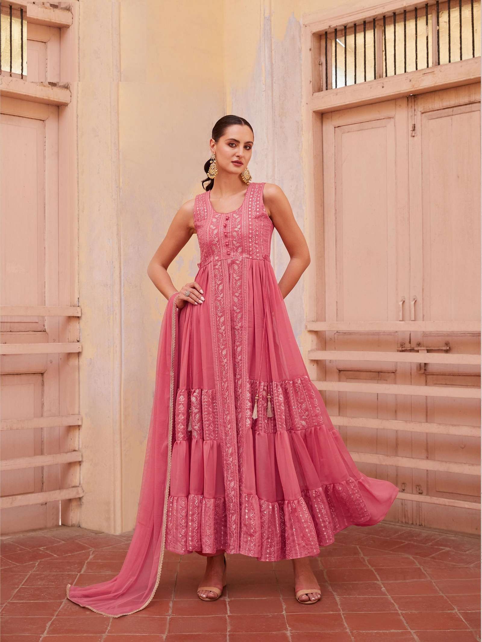 DESIGNER FANCY WEDDING PARTY READY TO WEAR PINK GEORGETTE ANARKALI SALWAR SUIT GOWN ALZ GULBAHAR 6004