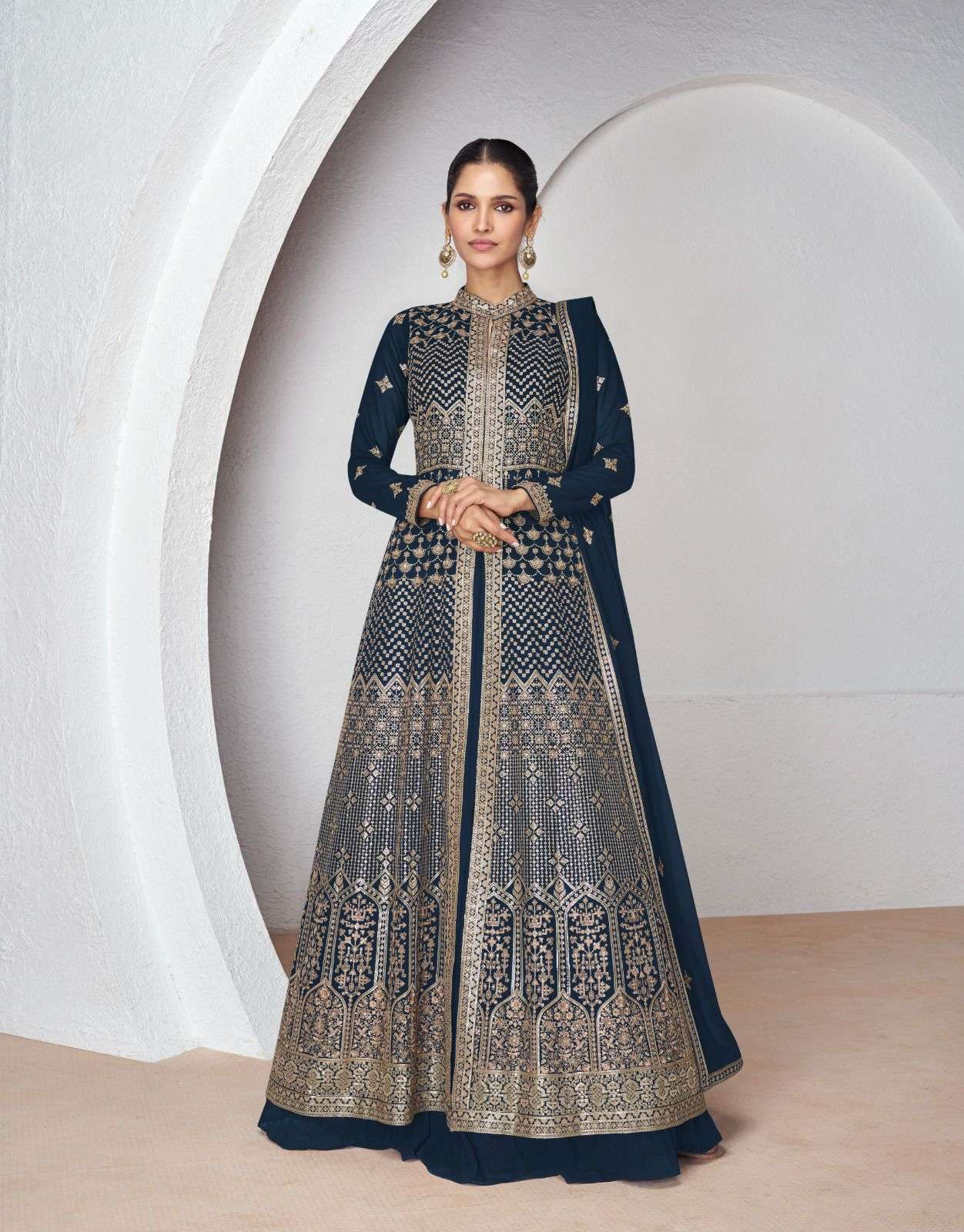 DESIGNER FANCY WEDDING PARTY READY TO WEAR REAL GEORGETTE BLUE ANARKALI SALWAR SUIT GOWN AF AAKRUTI 9955