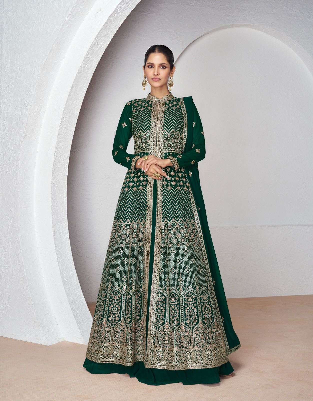 DESIGNER FANCY WEDDING PARTY READY TO WEAR REAL GEORGETTE GREEN ANARKALI SALWAR SUIT GOWN AF AAKRUTI 9956