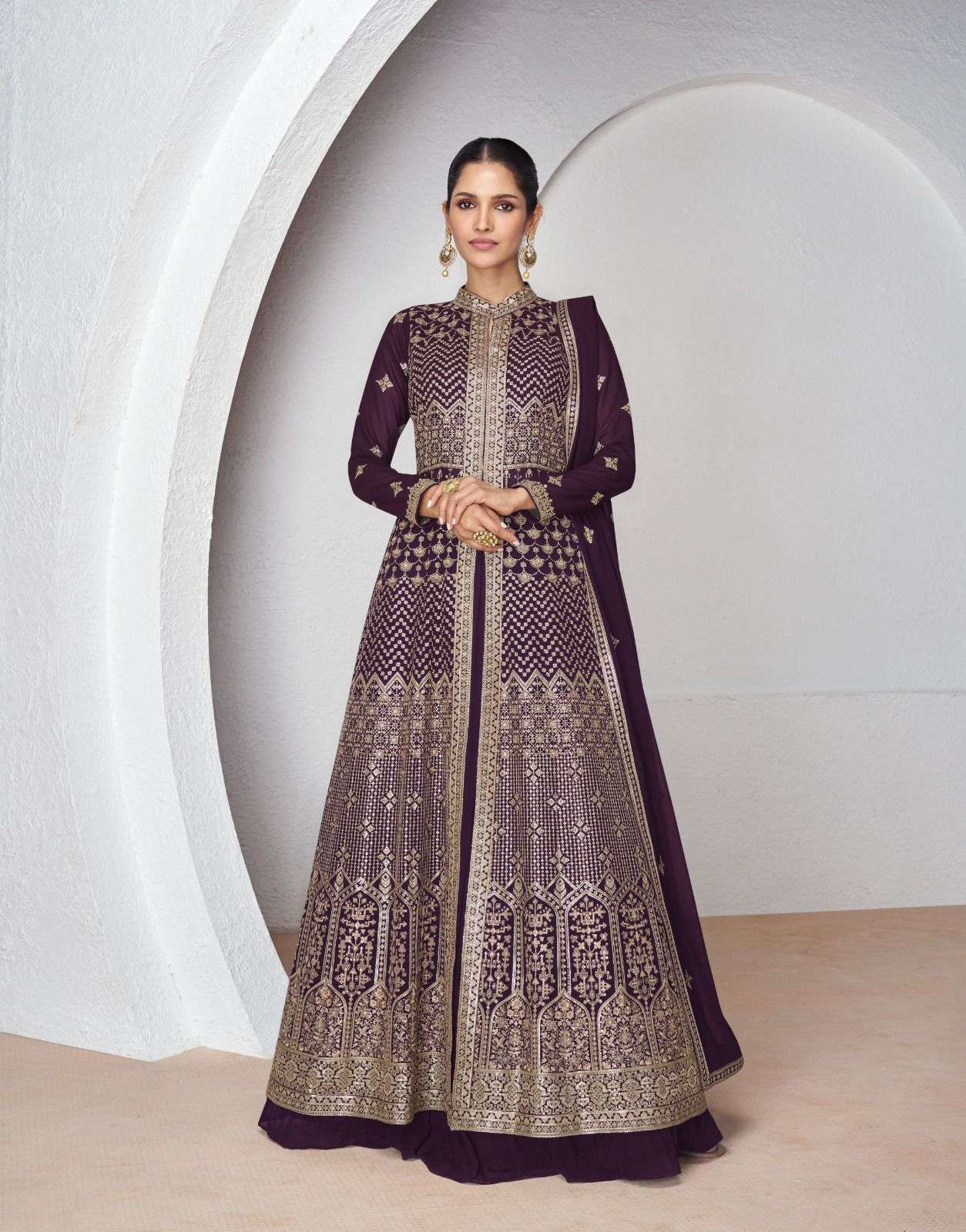 DESIGNER FANCY WEDDING PARTY READY TO WEAR REAL GEORGETTE WINE ANARKALI SALWAR SUIT GOWN AF AAKRUTI 9957