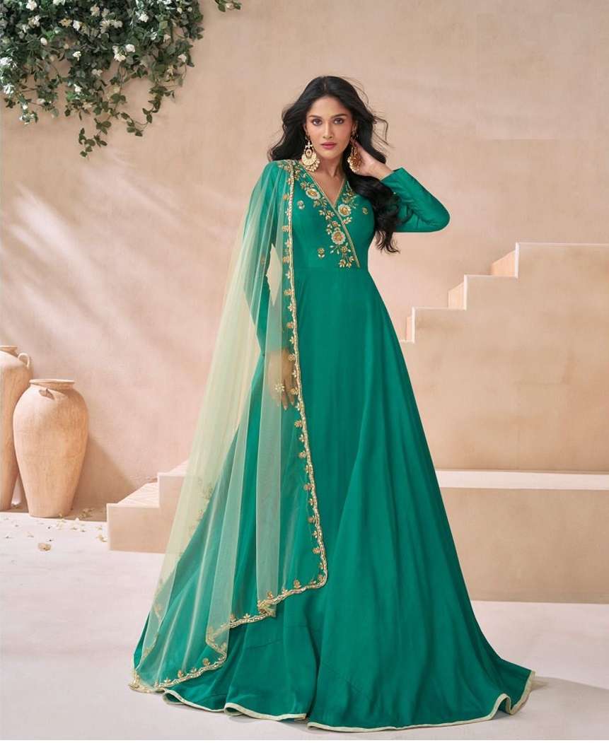 DESIGNER FANCY WEDDING PARTY READY TO WEAR SILK GREEN ANARKALI SALWAR SUIT GOWN SY DIVA 5489