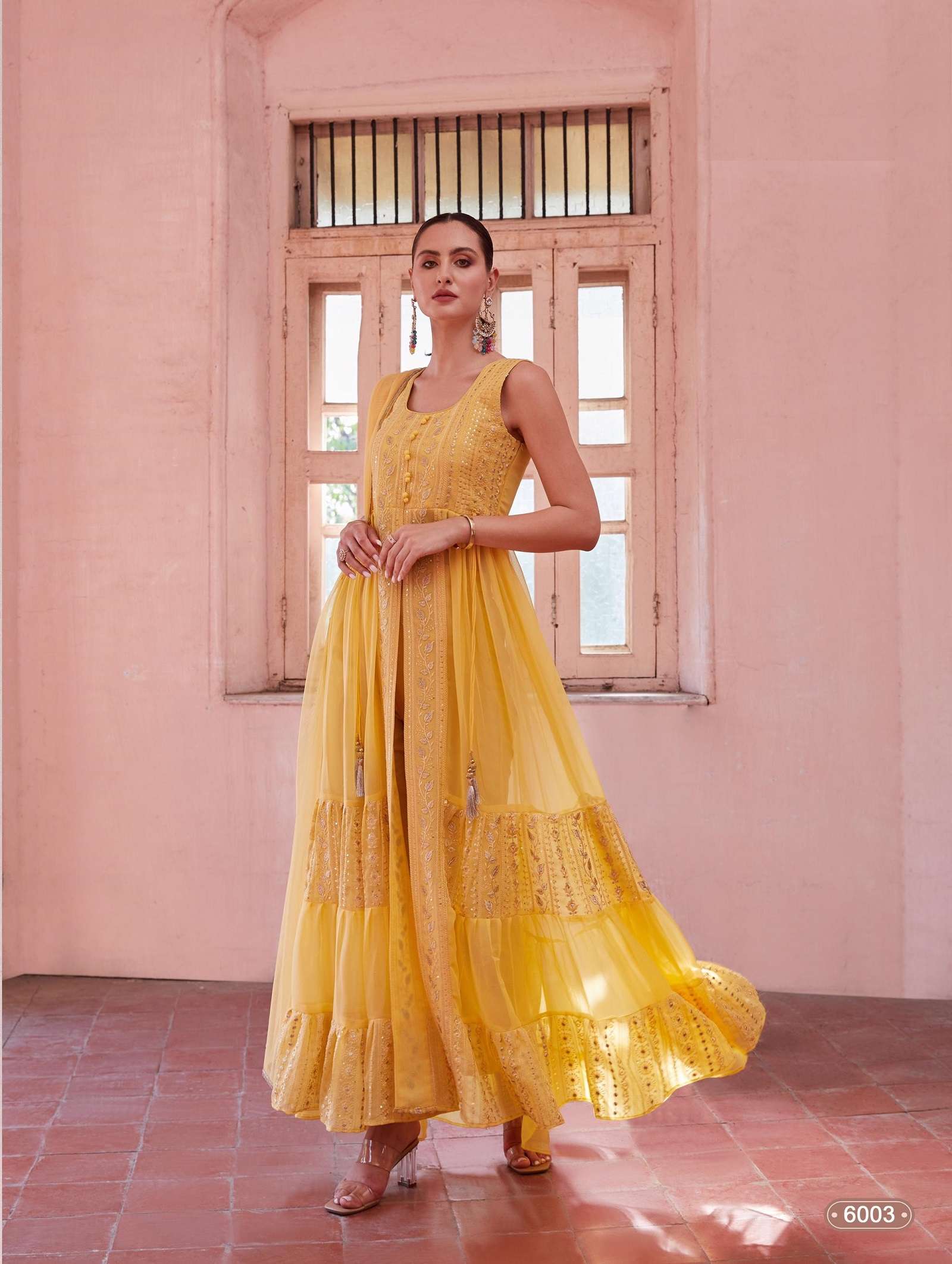 DESIGNER FANCY WEDDING PARTY READY TO WEAR YELLOW GEORGETTE ANARKALI SALWAR SUIT GOWN ALZ GULBAHAR 6003