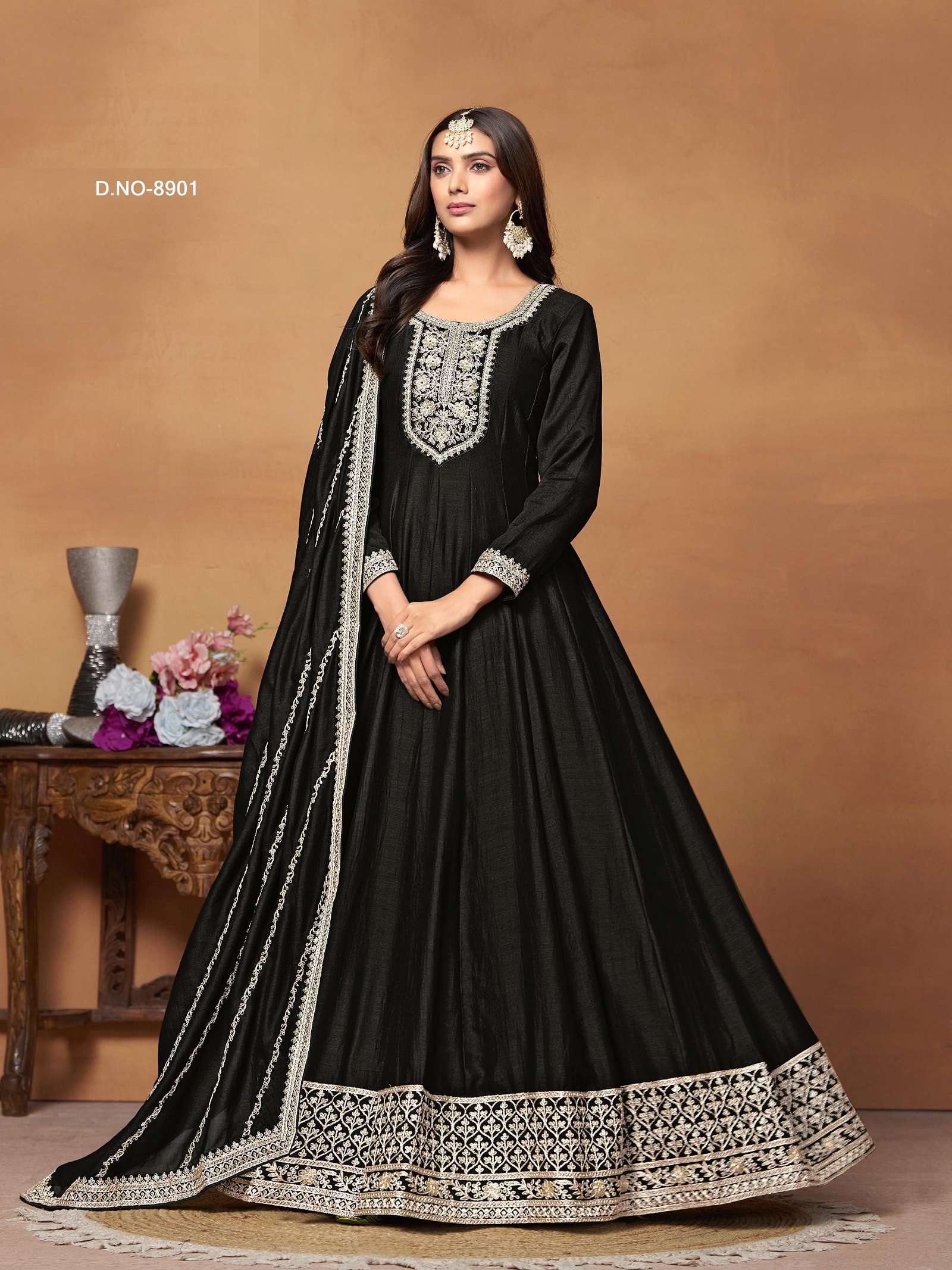 DESIGNER FANCY WEDDING PARTY WEAR ART SILK BLACK ANARKALI SALWAR SUIT GOWN ANY 8901