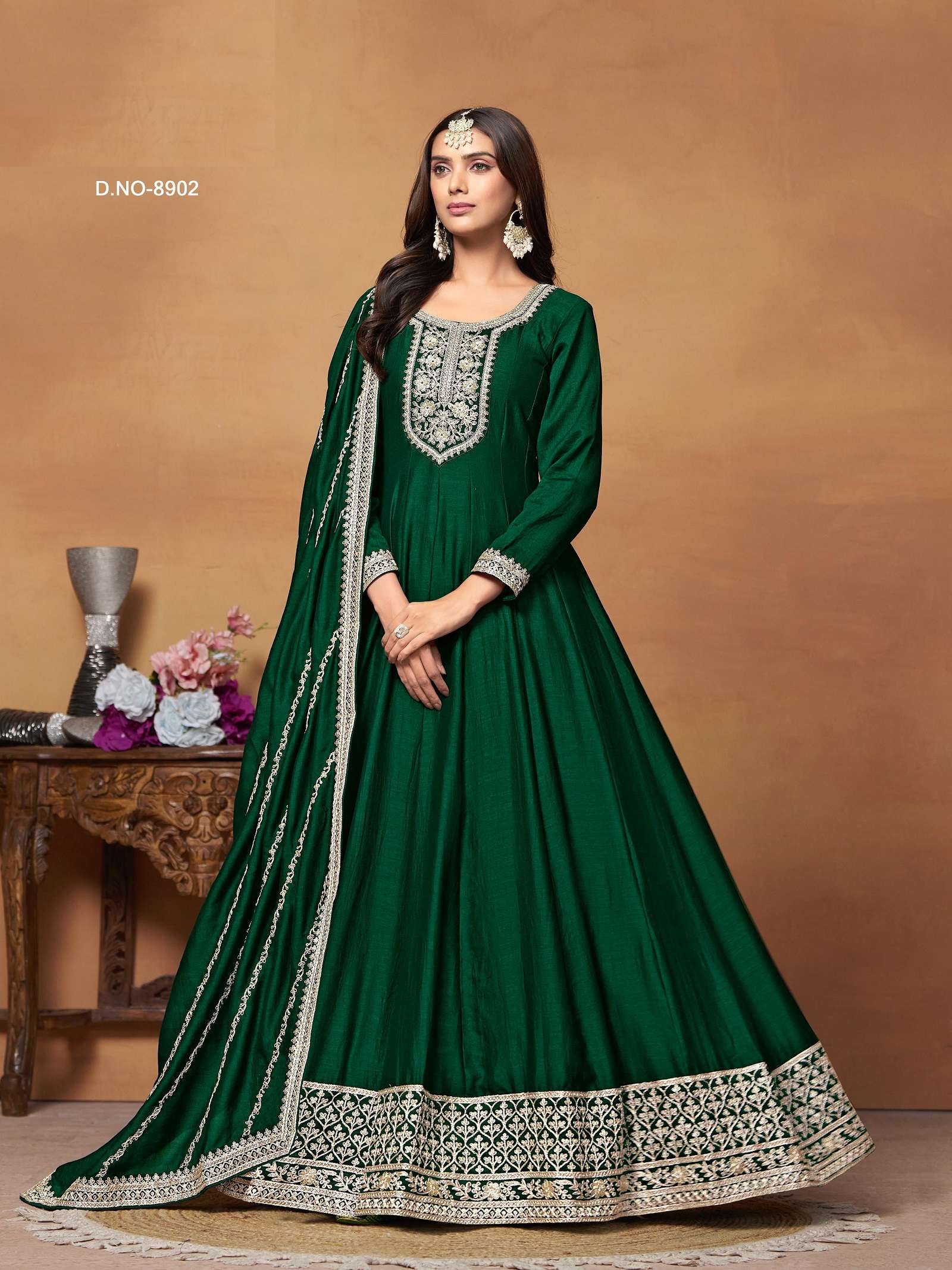 DESIGNER FANCY WEDDING PARTY WEAR ART SILK GREEN ANARKALI SALWAR SUIT GOWN ANY 8902