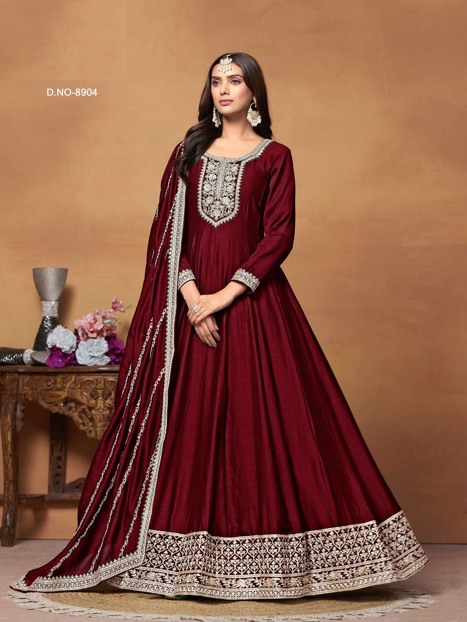 DESIGNER FANCY WEDDING PARTY WEAR ART SILK RED ANARKALI SALWAR SUIT GOWN ANY 8904