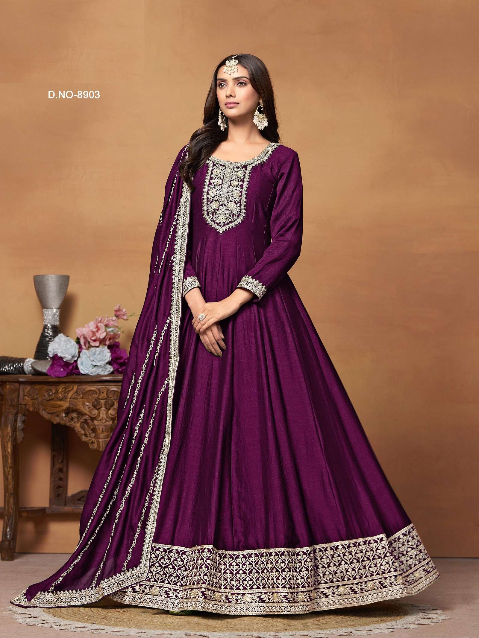 DESIGNER FANCY WEDDING PARTY WEAR ART SILK WINE ANARKALI SALWAR SUIT GOWN ANY 8903