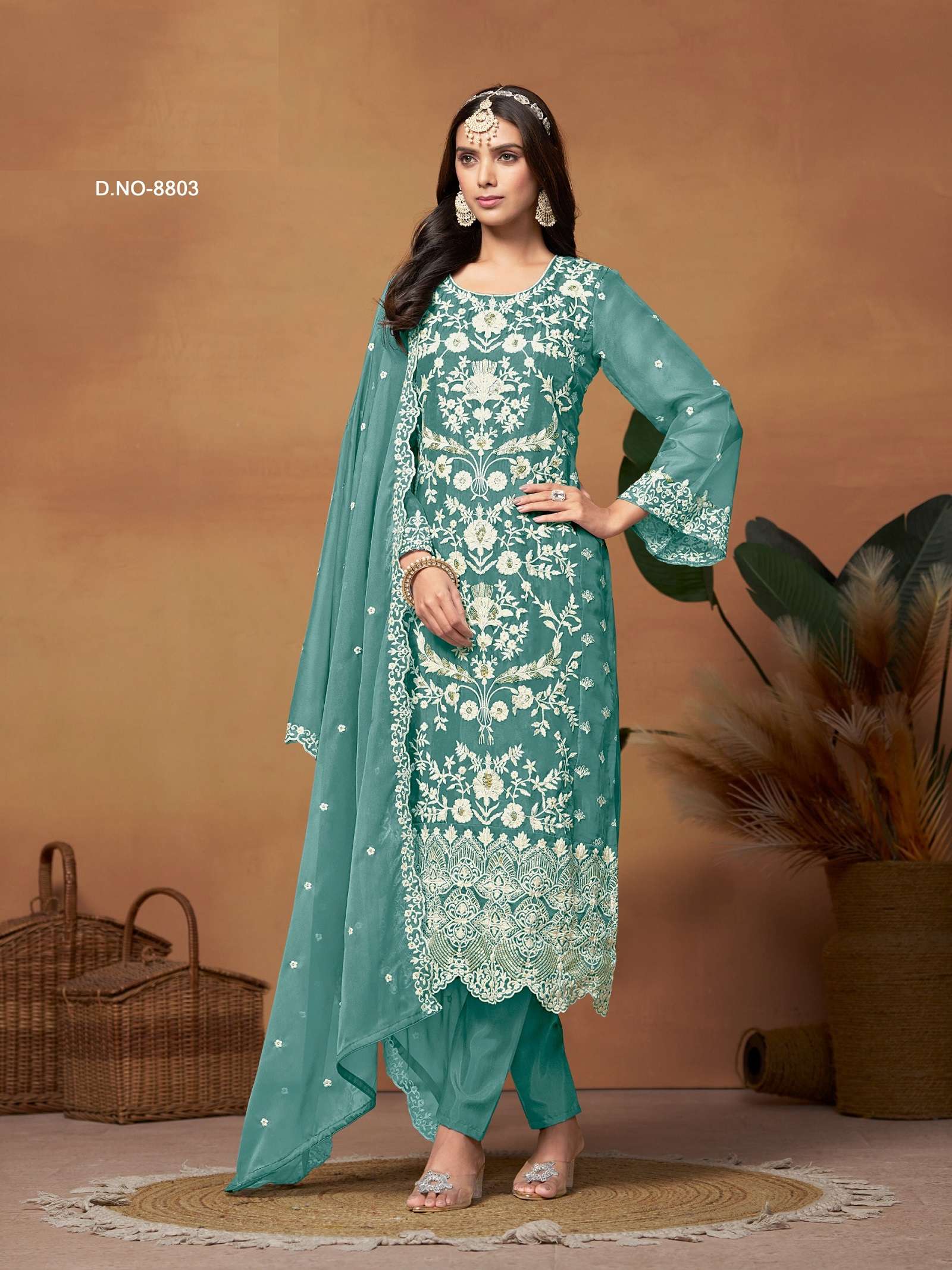 DESIGNER FANCY WEDDING PARTY WEAR BLUE ORGANZA STRAIGHT SALWAR SUIT ANY 8803