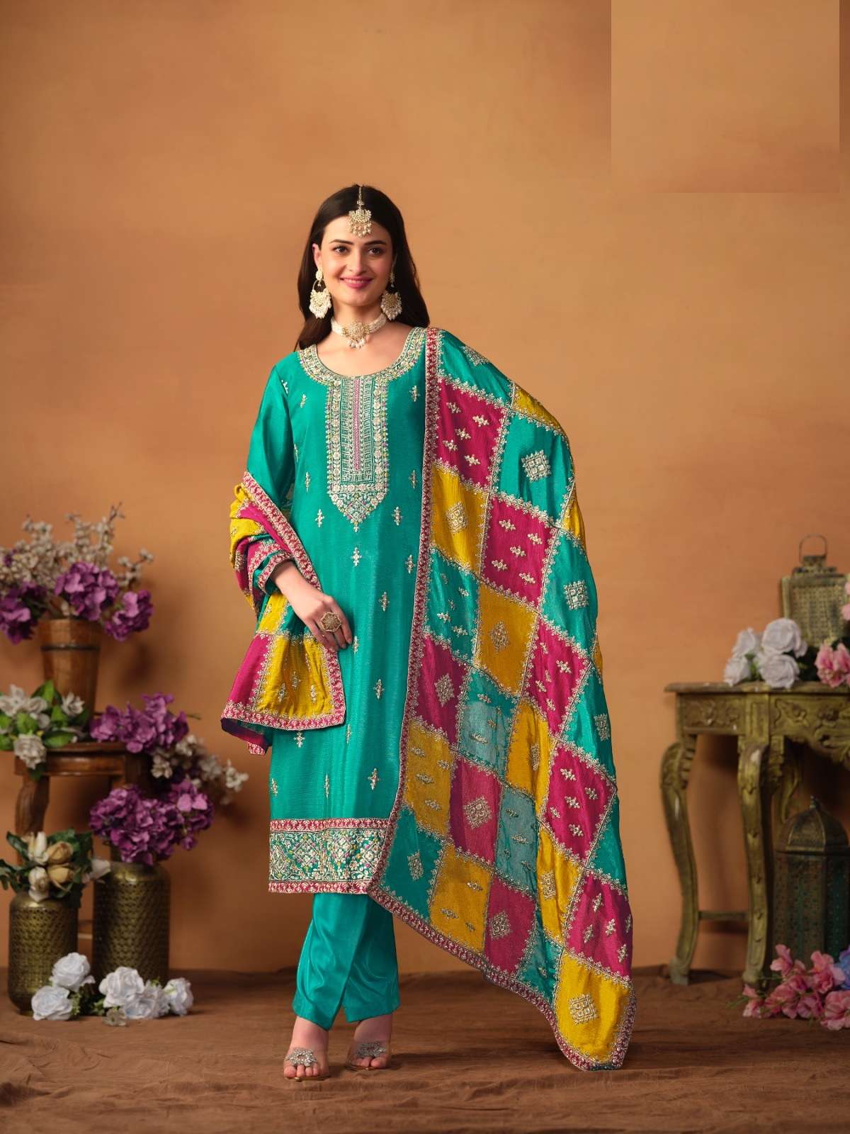 DESIGNER FANCY WEDDING PARTY WEAR CHINON SILK BLUE GREEN STRAIGHT SALWAR SUIT ANY 8601