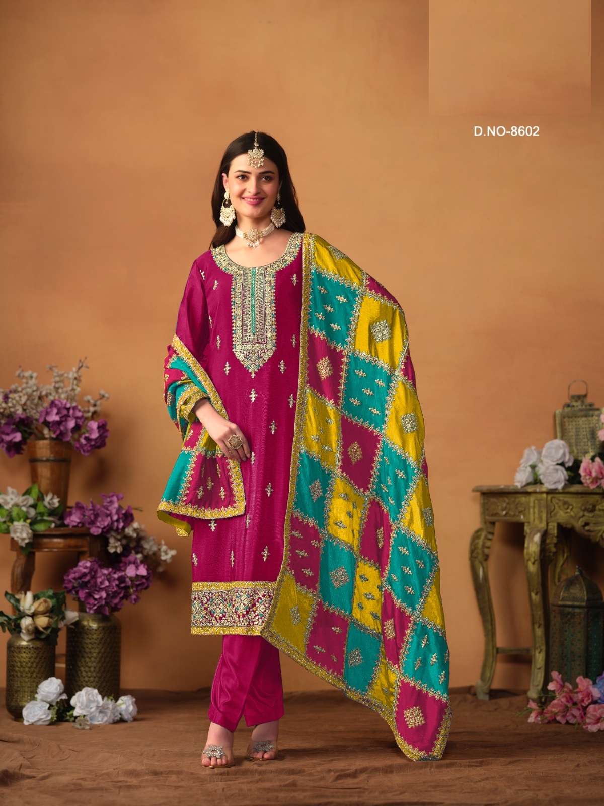 DESIGNER FANCY WEDDING PARTY WEAR CHINON SILK RANI PINK STRAIGHT SALWAR SUIT ANY 8602