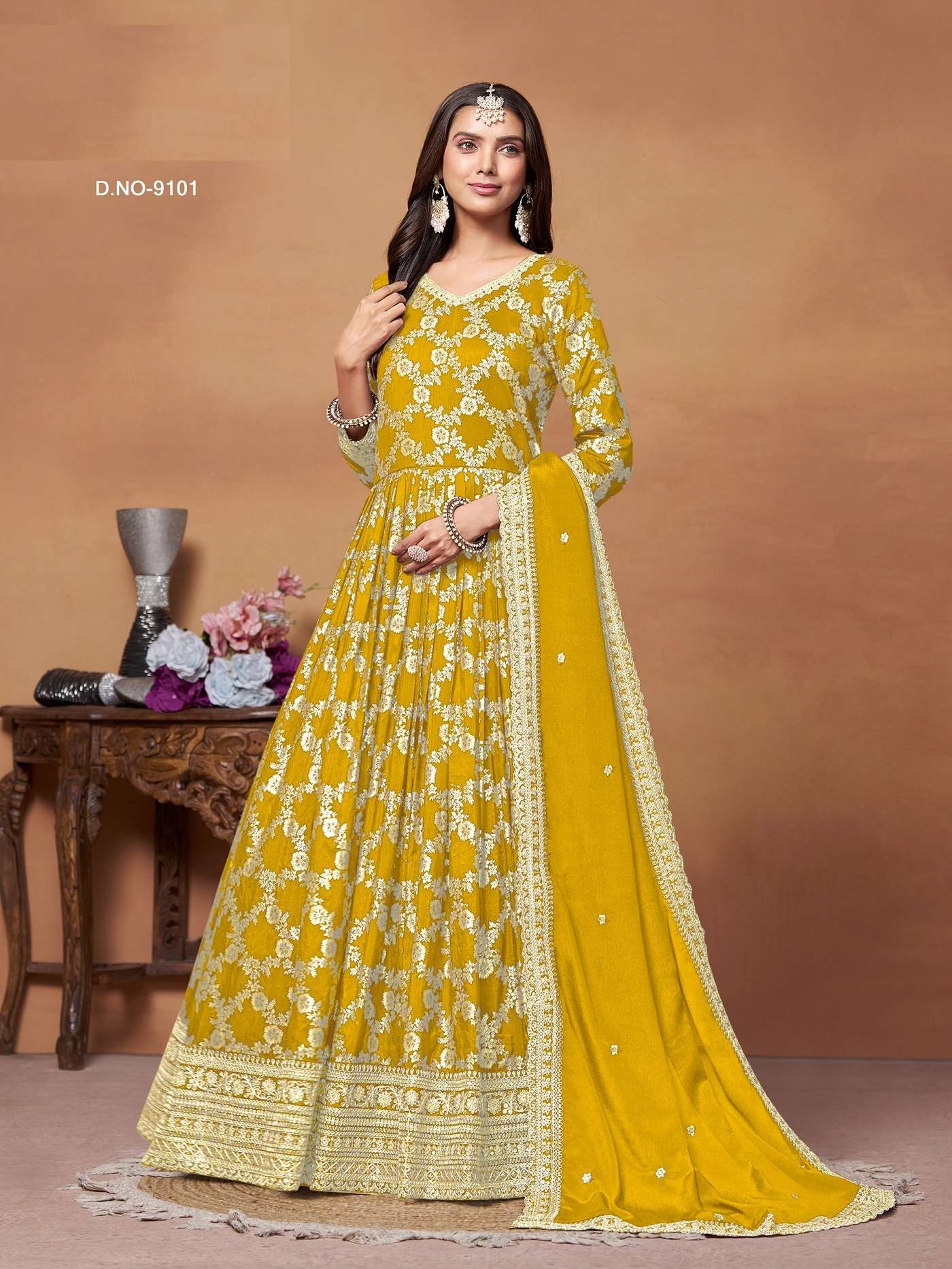 DESIGNER FANCY WEDDING PARTY WEAR DOLA JAQUARD SILK YELLOW ANARKALI SALWAR SUIT GOWN ANY 9101