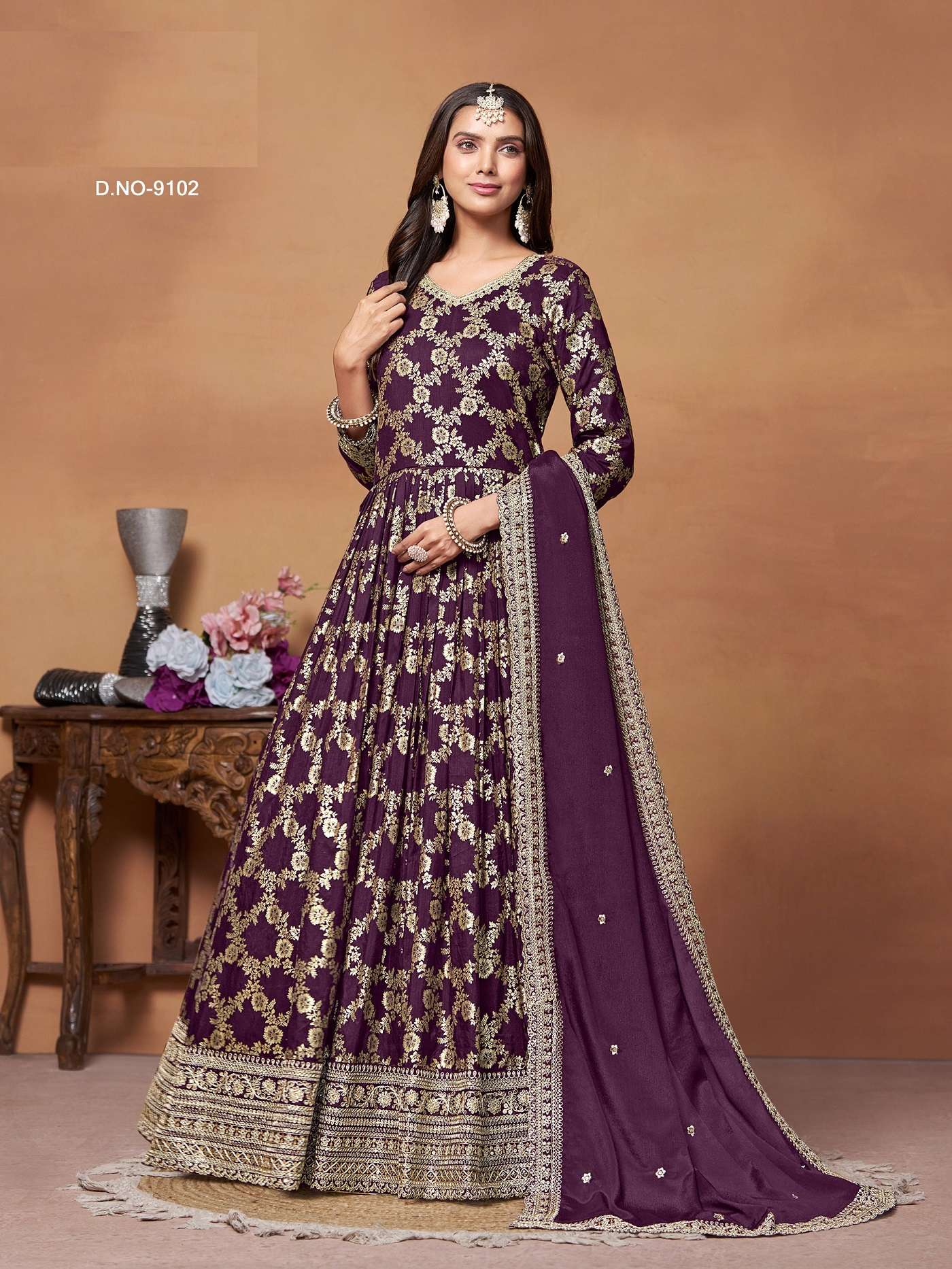 DESIGNER FANCY WEDDING PARTY WEAR DOLA JAQUARD SILK WINE ANARKALI SALWAR SUIT GOWN ANY 9102