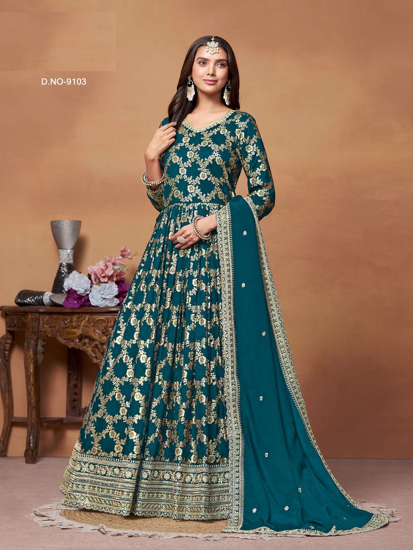 DESIGNER FANCY WEDDING PARTY WEAR DOLA JAQUARD SILK BLUE ANARKALI SALWAR SUIT GOWN ANY 9103