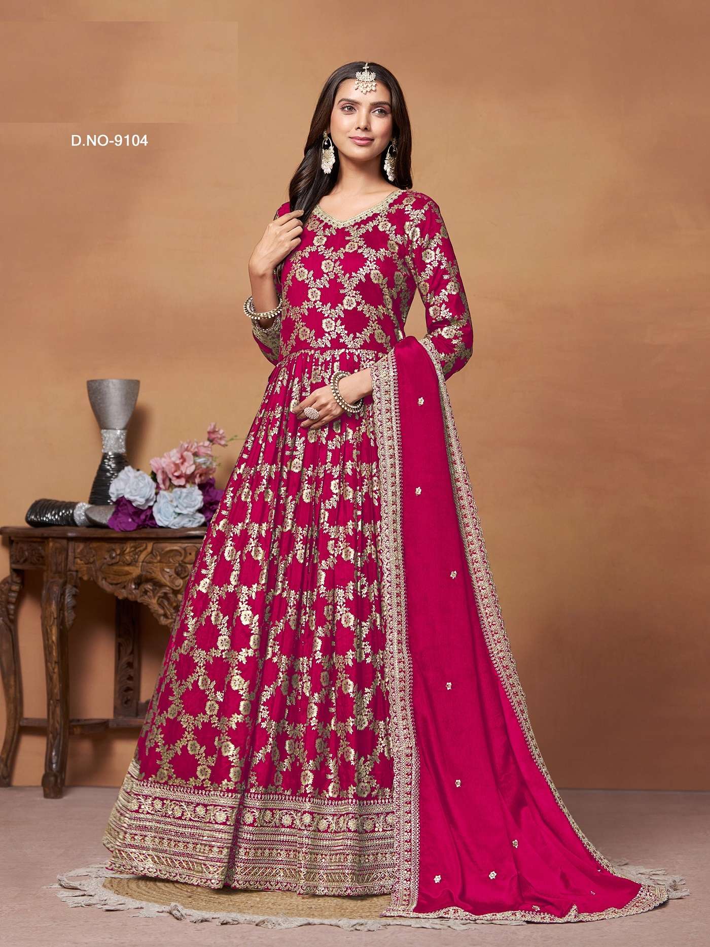 DESIGNER FANCY WEDDING PARTY WEAR DOLA JAQUARD SILK RANI PINK ANARKALI SALWAR SUIT GOWN ANY 9104