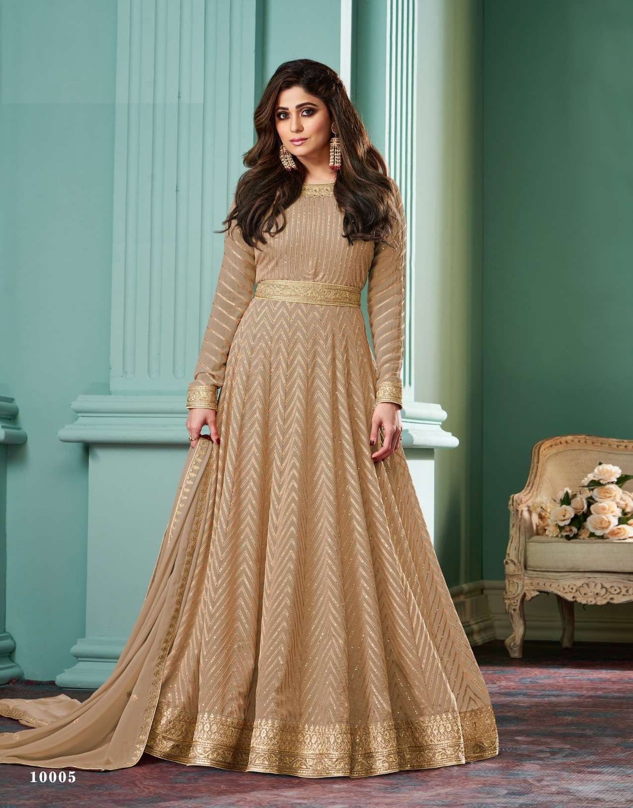 DESIGNER FANCY WEDDING PARTY WEAR FAUX GEORGETTE BEIGE ANARKALI SALWAR SUIT GOWN AF ALIZZA 10005