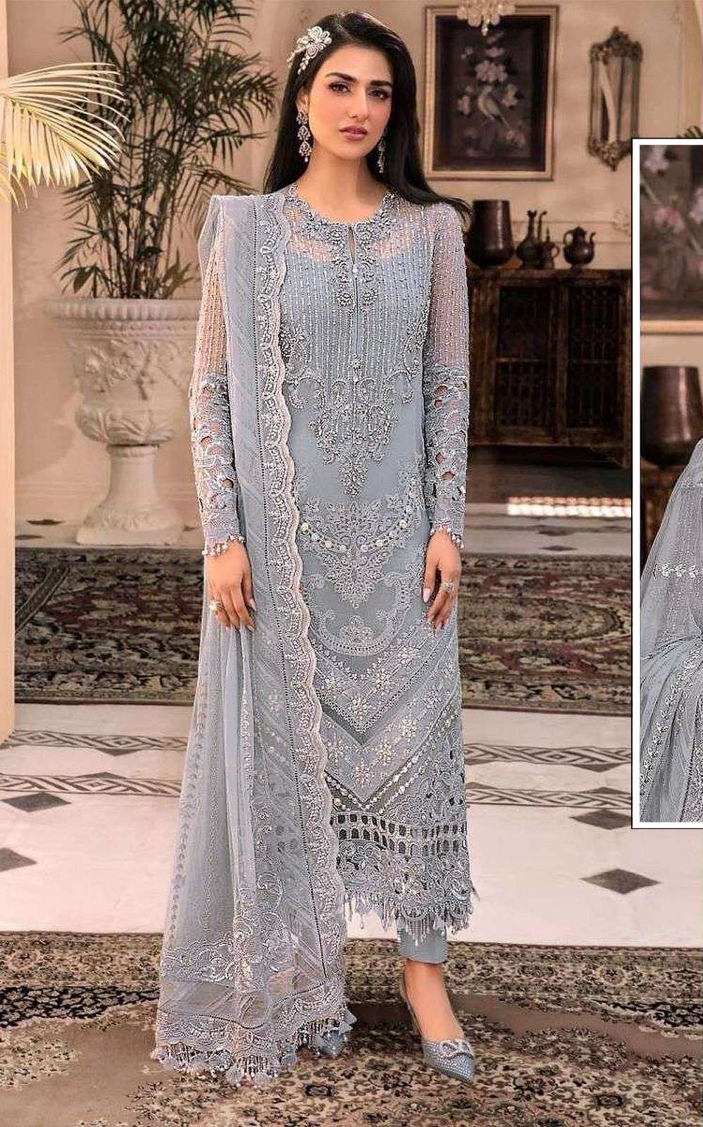 DESIGNER FANCY WEDDING PARTY WEAR FAUX GEORGETTE GREY STRAIGHT SALWAR SUIT CPR 5421 A