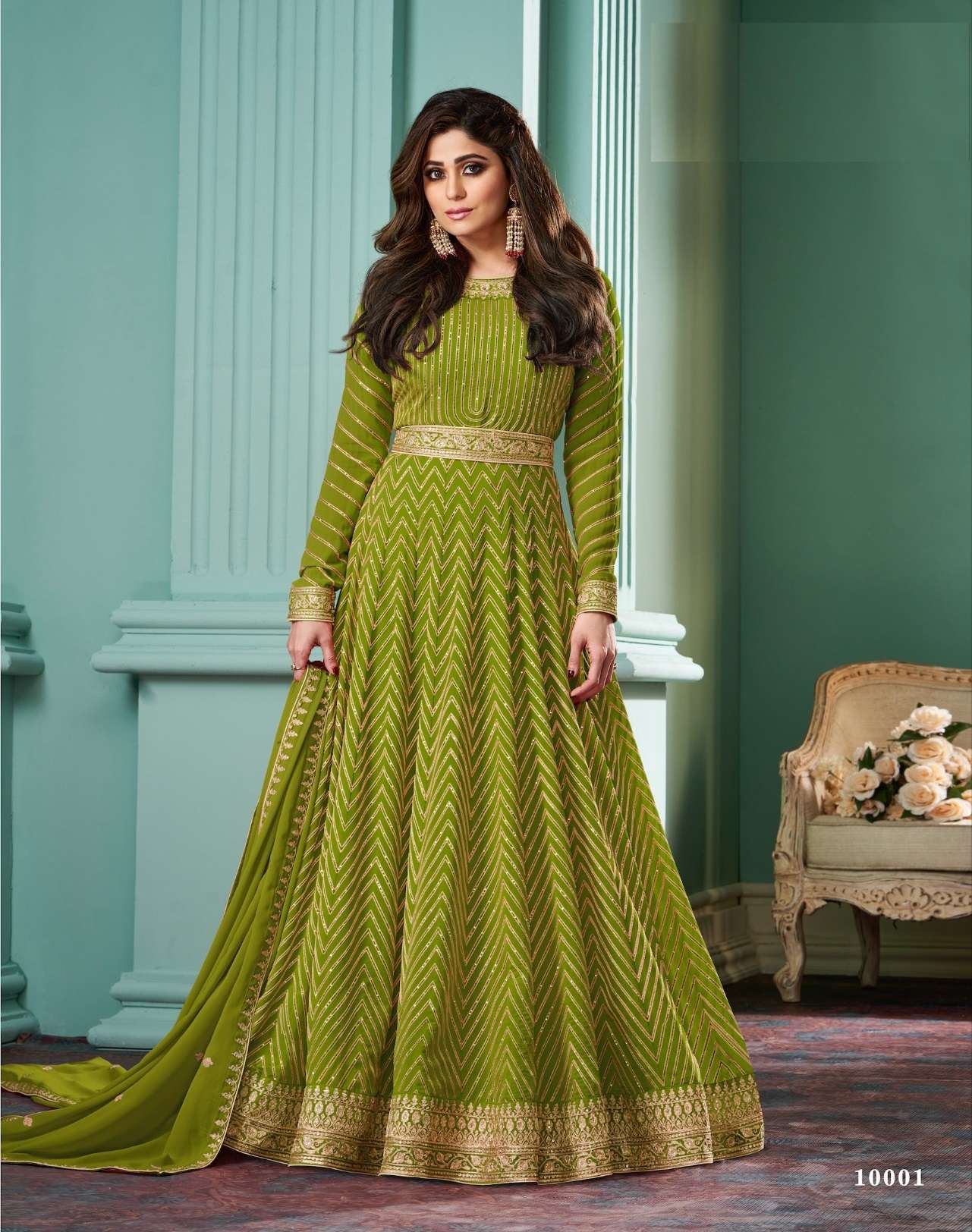 DESIGNER FANCY WEDDING PARTY WEAR FAUX GEORGETTE GREEN ANARKALI SALWAR SUIT GOWN AF ALIZZA 10001