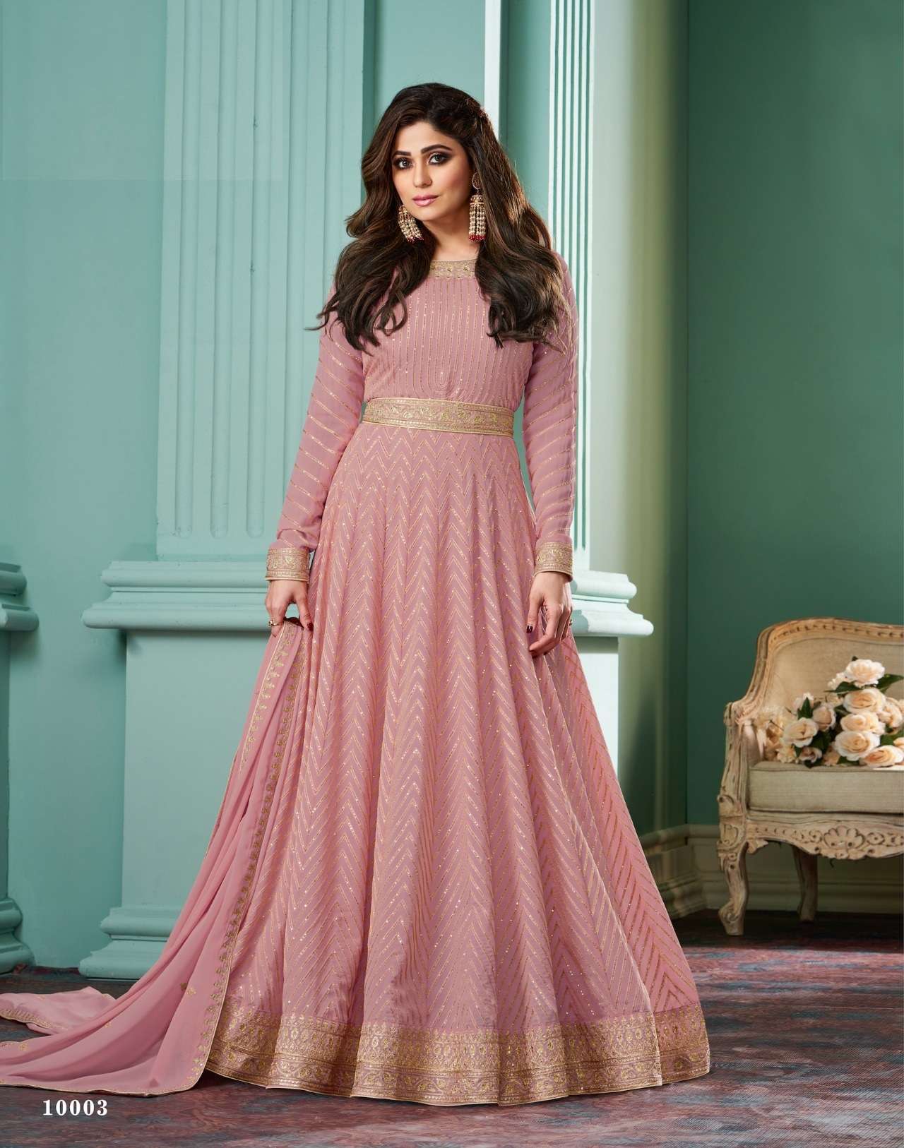 DESIGNER FANCY WEDDING PARTY WEAR FAUX GEORGETTE LIGHT PINK ANARKALI SALWAR SUIT GOWN AF ALIZZA 10003