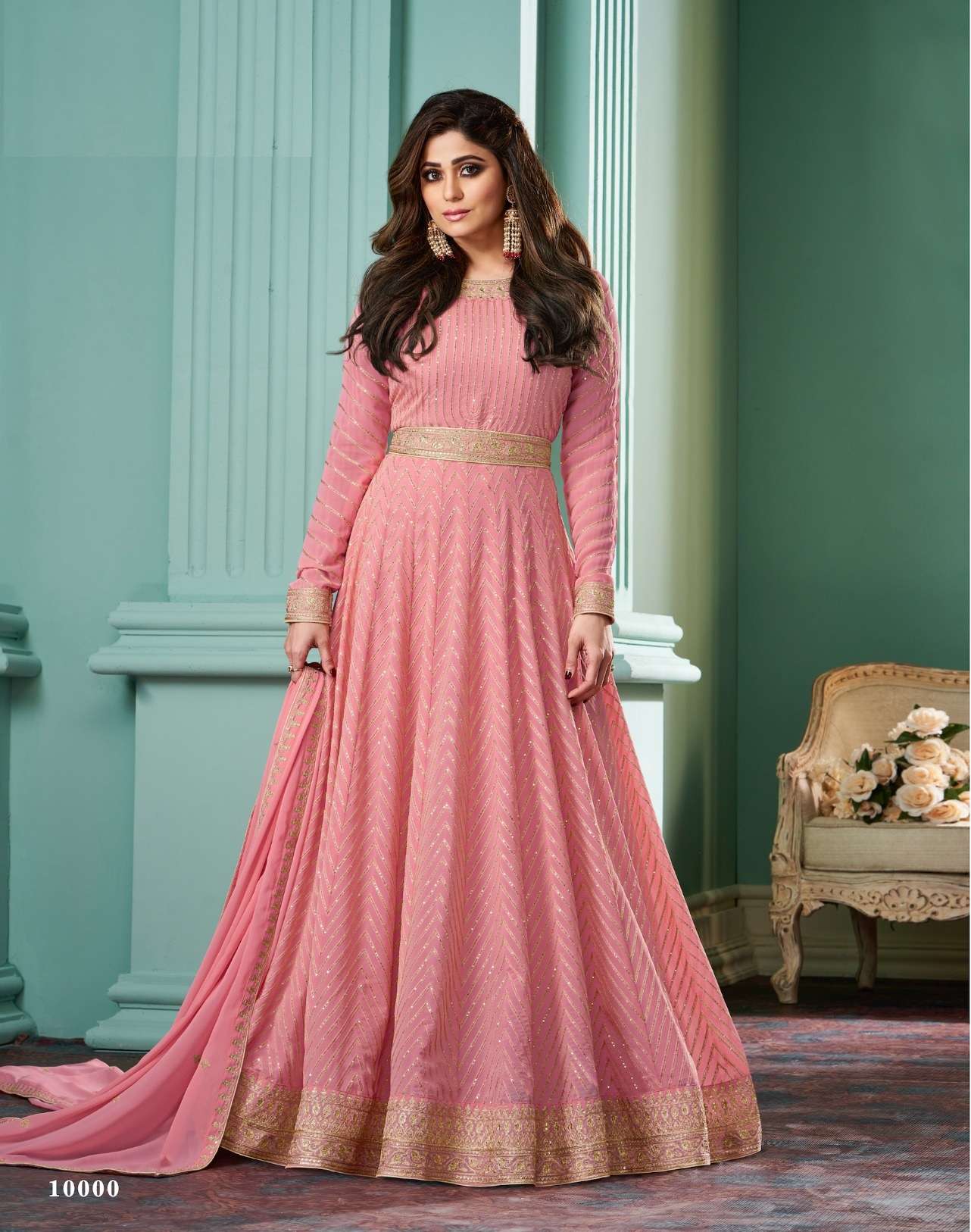 DESIGNER FANCY WEDDING PARTY WEAR FAUX GEORGETTE PINK ANARKALI SALWAR SUIT GOWN AF ALIZZA 10000