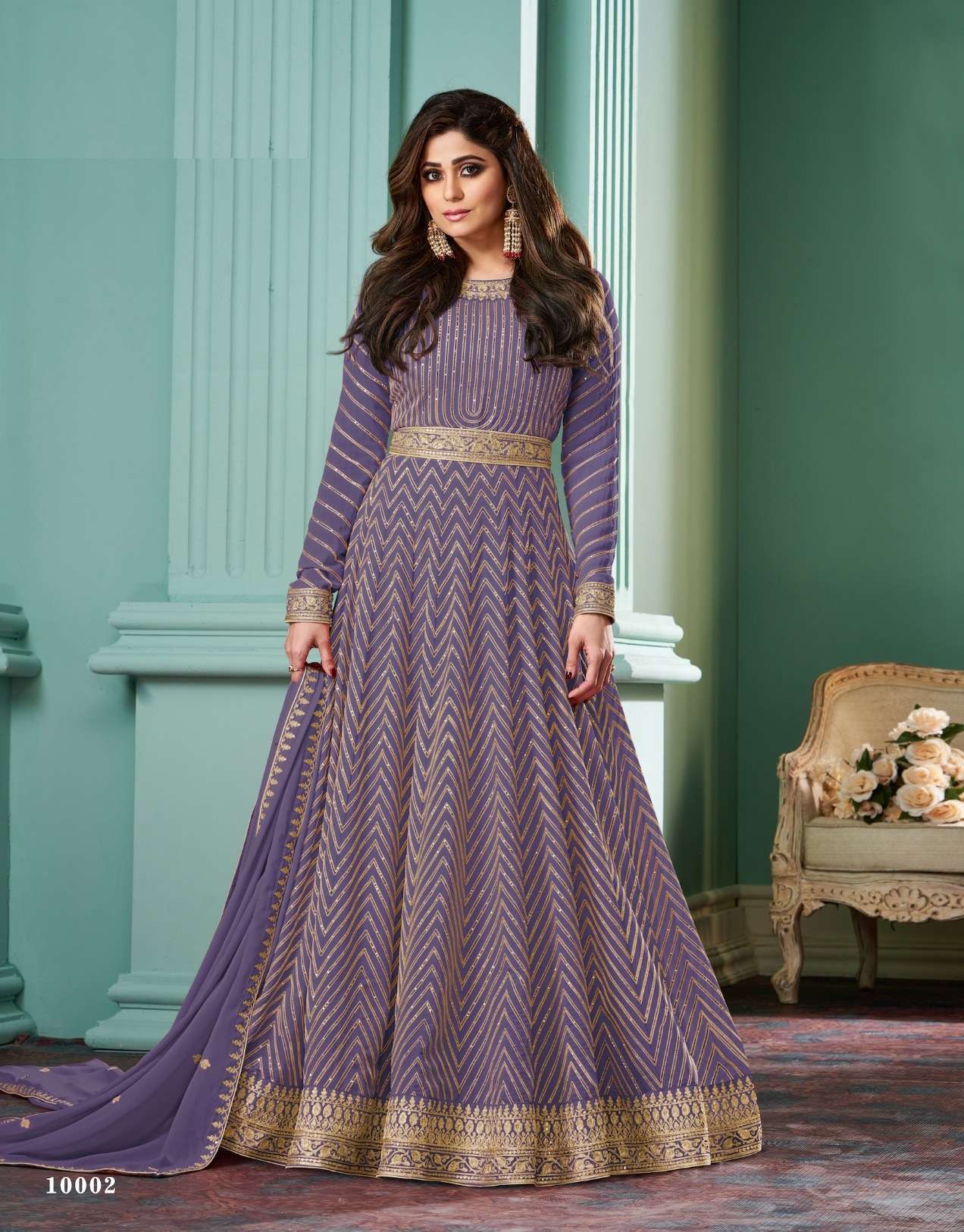 DESIGNER FANCY WEDDING PARTY WEAR FAUX GEORGETTE PURPLE ANARKALI SALWAR SUIT GOWN AF ALIZZA 10002